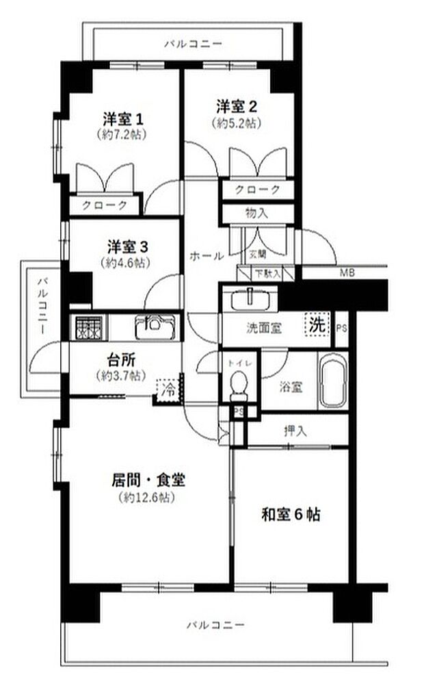 入野パーク・ホームズ(4LDK) 6階の間取り図