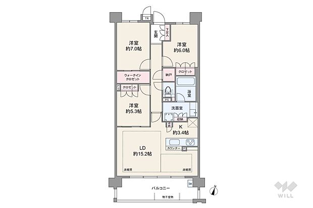 間取りは専有面積84.46平米の3LDK。アウトポール設計で家具が配置しやすいプラン。各居室、廊下、洗面室に収納スペースが設けられています。全居室洋室仕様です。