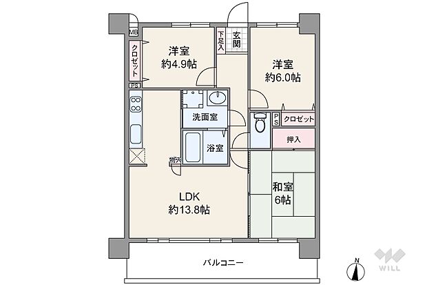 間取りは専有面積67.76平米の3LDK。キッチンから直接洗面室にアクセス出来る家事動線に優れたプラン。LDKと和室が続き間で、繋げて約19.8帖の一間としても使用出来ます。