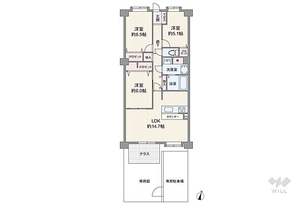 間取りは専有面積76.43平米の3LDK。専用庭・専用駐車場付きの戸建て気分が味わえるプラン。LDKと続き間の洋室約6.0帖は廊下側からも出入り可能な2WAY仕様です。