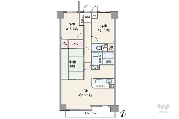 間取りは専有面積70.94平米の3LDK。LDKの一角に和室が設けられており、家族団らんのスペースとしても利用できるプラン。和室は廊下からもアクセス可能です。
