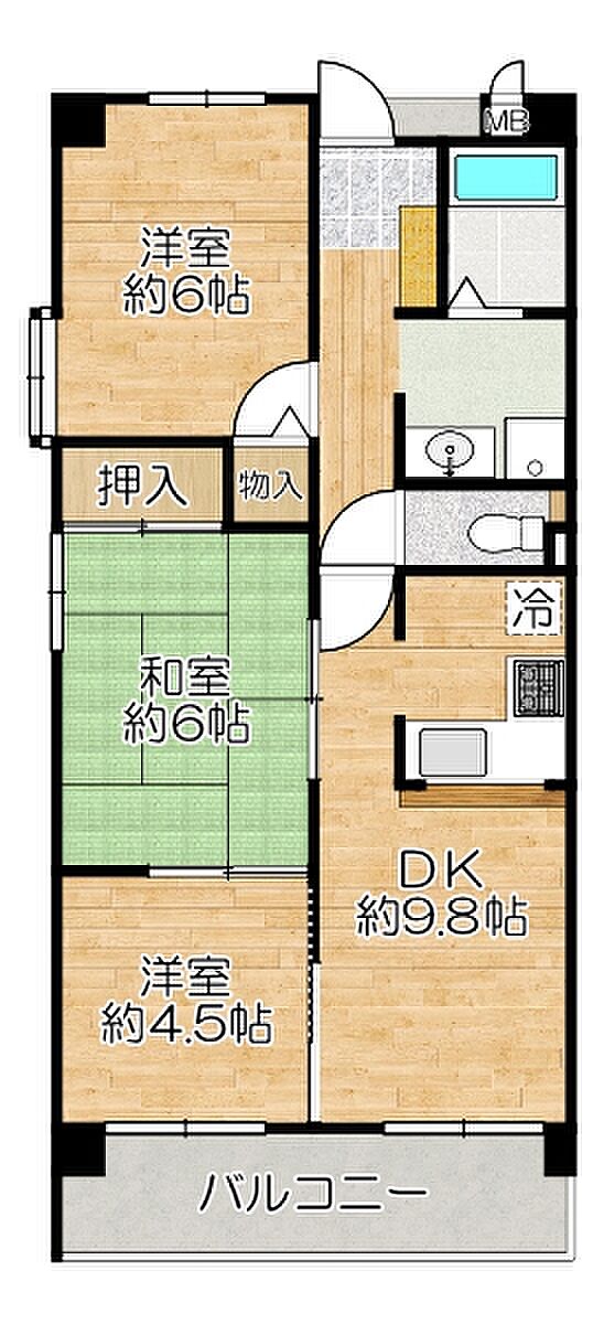 プリンスコート兵庫(3DK) 3階の間取り図