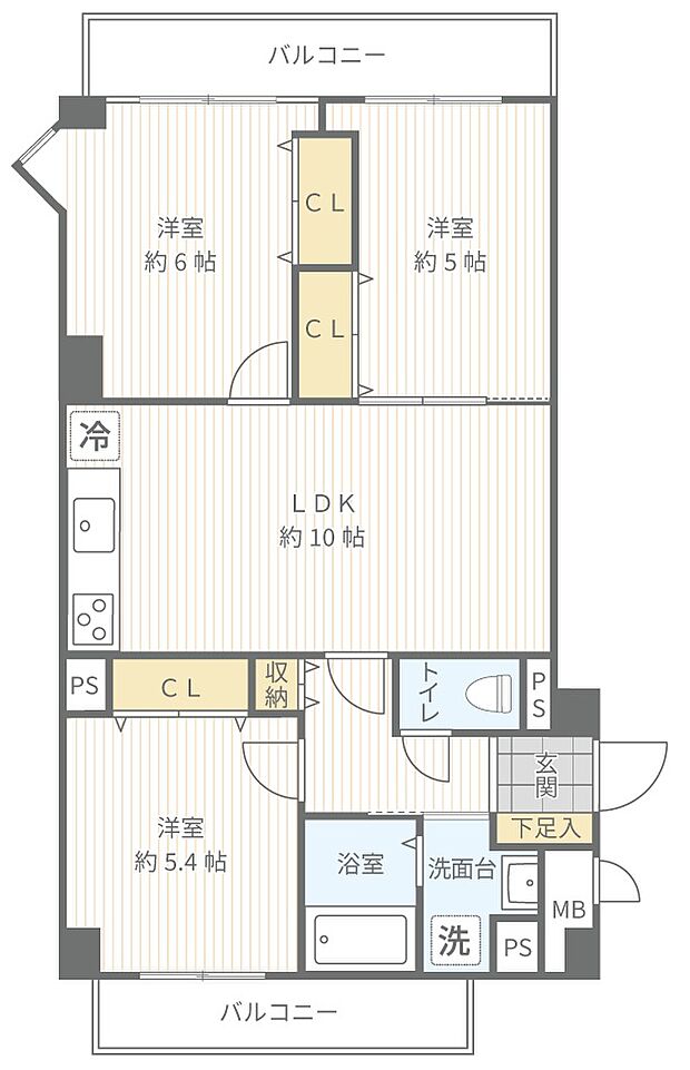 ソフトタウン三ツ沢(3LDK) 3階の間取り図