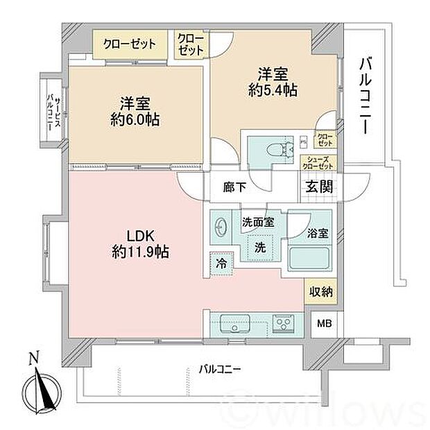 間取り図：2LDK　専有面積56.00平米、バルコニー面積13.57平米