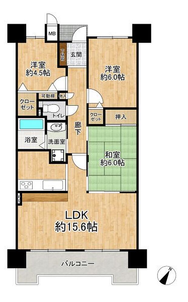 専有面積は68平米、LDKは約15.6帖の3LDKのお部屋です。