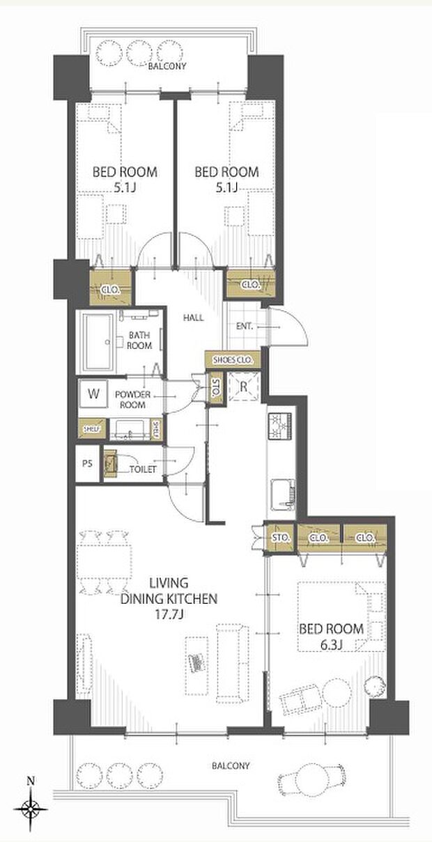2面バルコニー付きですべての部屋がバルコニーに面しています。収納が充実しているので居住スペースをスッキリと使えます。広々としたLDKは隣りの洋室とつなげて広く使うこともできます