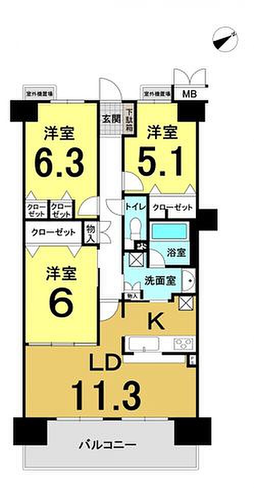 ウイングコート伊丹大野(3LDK) 6階の間取り図