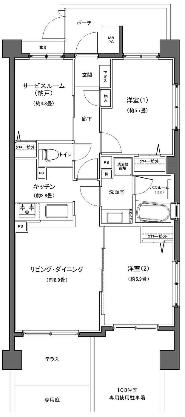 クリオ横浜大口伍番館(2SLDK) 1階の間取り図