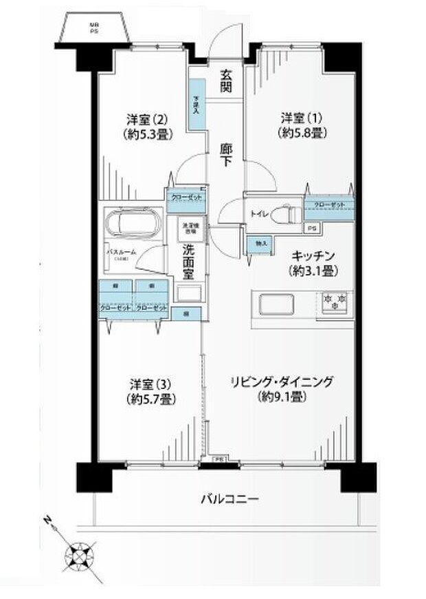 東急ドエルアルス横浜蒔田(3LDK) 5階の間取り図