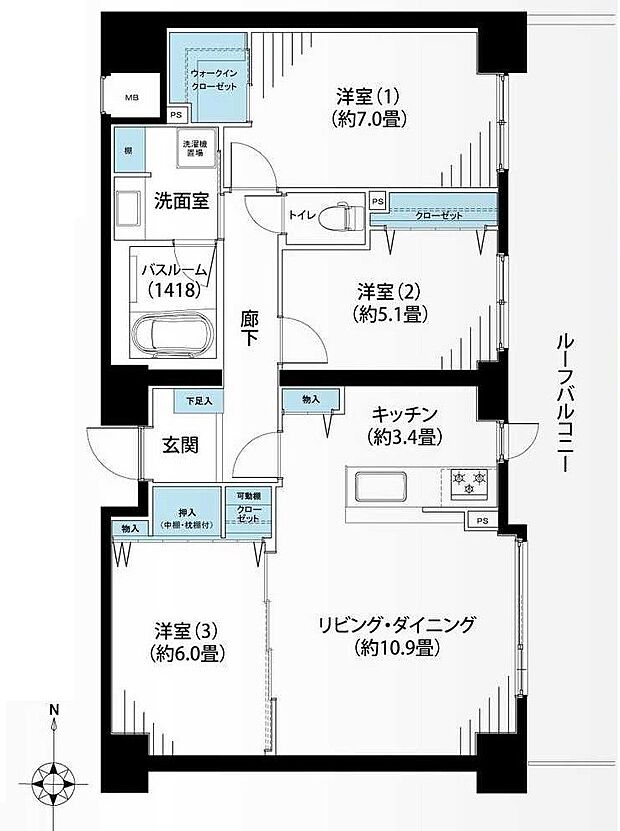 コスモヒルズ永田山王台(3LDK) 4階の間取り図