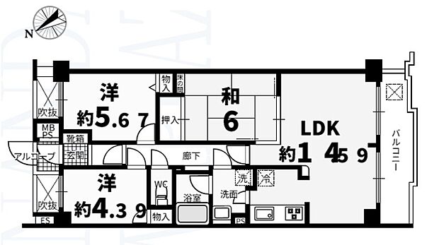 港南台三和プラザ(3LDK) 9階の間取り図