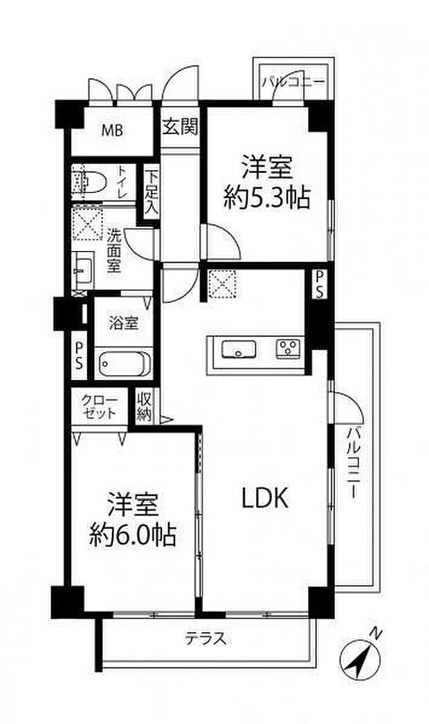 コスモ綱島台(2LDK) 2階の間取り図