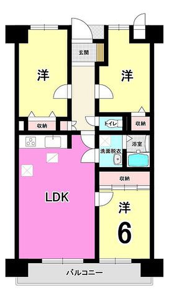 エクレール若葉台 中古マンション　永犬丸小・永犬丸中学校(3LDK) 6階の間取り図