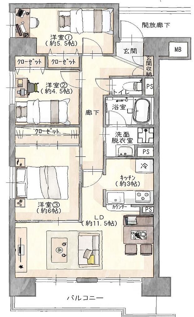 ウエストプラザ花京院(3LDK) 5階/504の間取り図