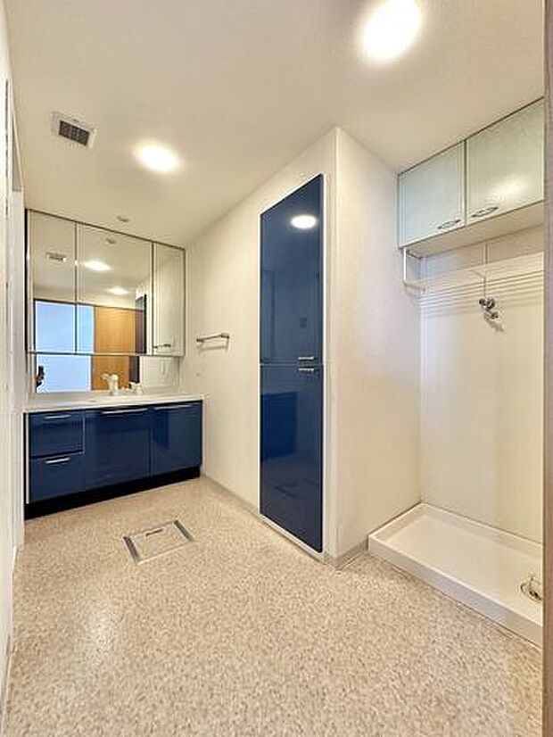 洗面所もかなり広いです。青い扉を開けると収納になっているので、タオルや下着をしまうことができますよ。