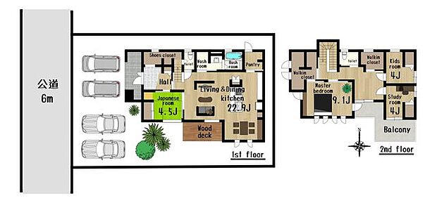 【layout】LDK22.9帖と広めで快適な空間もあり、ウッドデッキ付き。2Fは9.1帖の広い洋室、ウォークインクローゼットなど広めのお部屋、収納が揃っています♪どれをとっても美邸ないいお家です♪