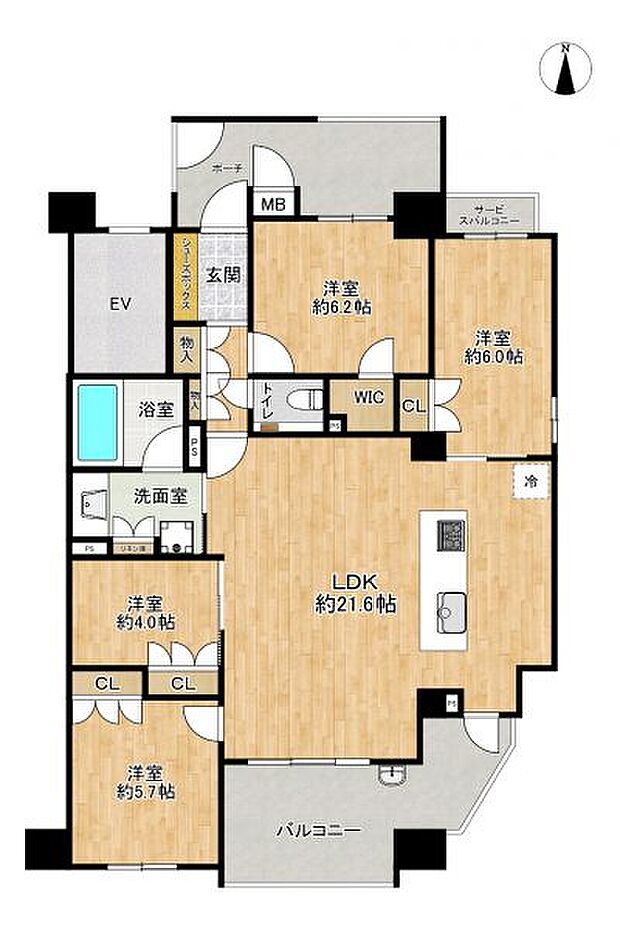 専有面積91平米超で4室+WIC完備で室内を広くお使いいただけます。