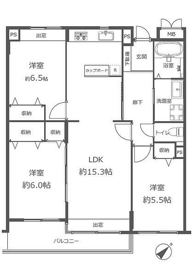 牛田公園パークマンション(3LDK) 2階の間取り図