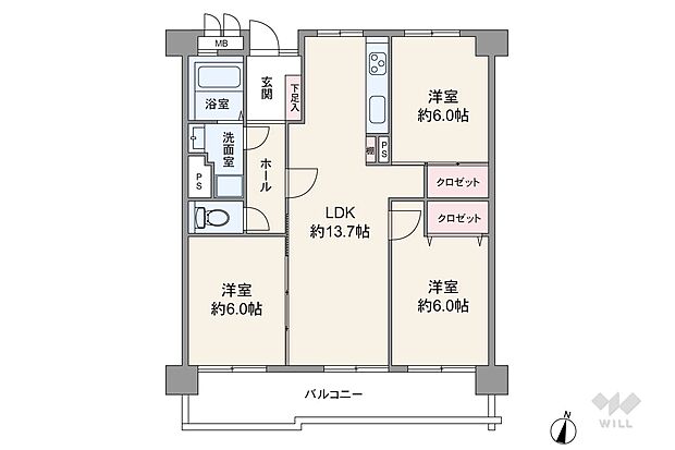 島田橋住宅3号棟(3LDK) 12階の間取り図