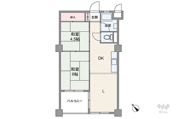 間取りは専有面積44.64平米の2LDK。廊下が短く、居住スペースが優先されたプラン。LDKと和室2部屋がすべて続き間で、生活シーンに合わせてフレキシブルに利用な可能な造りです。