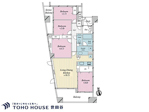 4LDK、専有面積93.82m2、バルコニー面積12.82m2