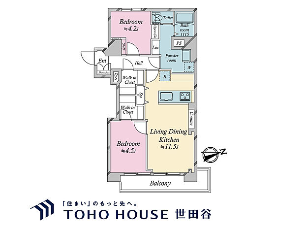 2LDK、建物面積54.96m2、バルコニー面積6.98m2