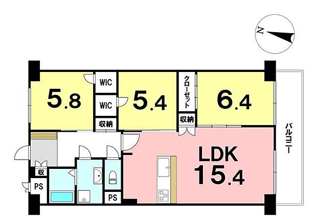 鏡川コーポＢ棟(3LDK) 4階の間取り図
