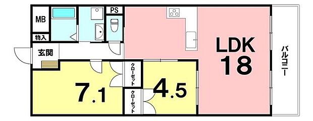 鏡川コーポＢ棟(2LDK) 2階の間取り図