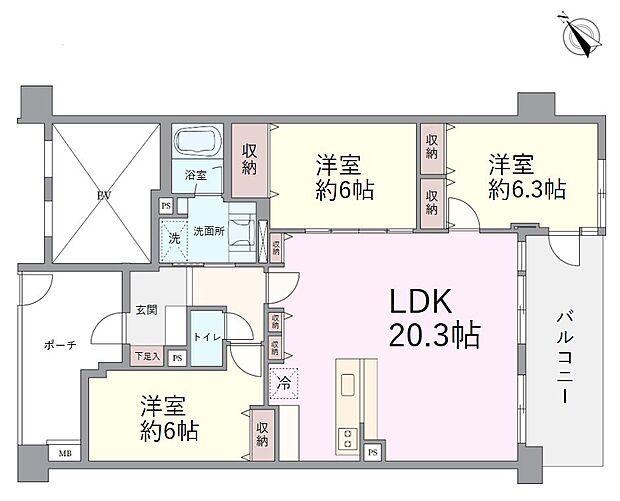 コスモシティ川越(3LDK) 3階の間取り図