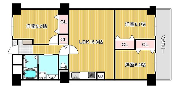 白鷺スカイハイツ(3LDK) 8階の間取り図