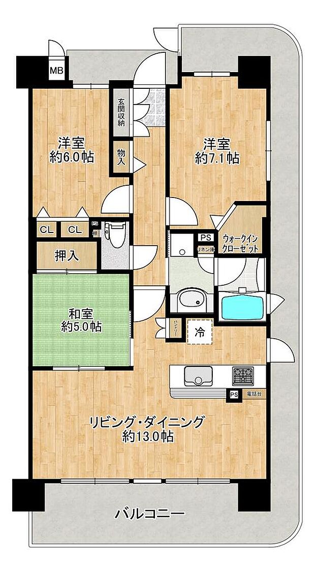 グラン・コート萩原天神(3LDK) 2階の間取り図