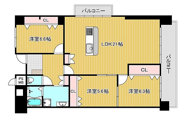 大阪マリンハイツ弐号館(3LDK) 3階の間取り図