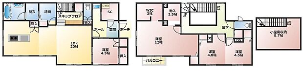3LDKの余裕のある間取りで1階にはスキップフロア、2階の洋室は2部屋に区切ることもでき、4LDKへの間取り変更も可能