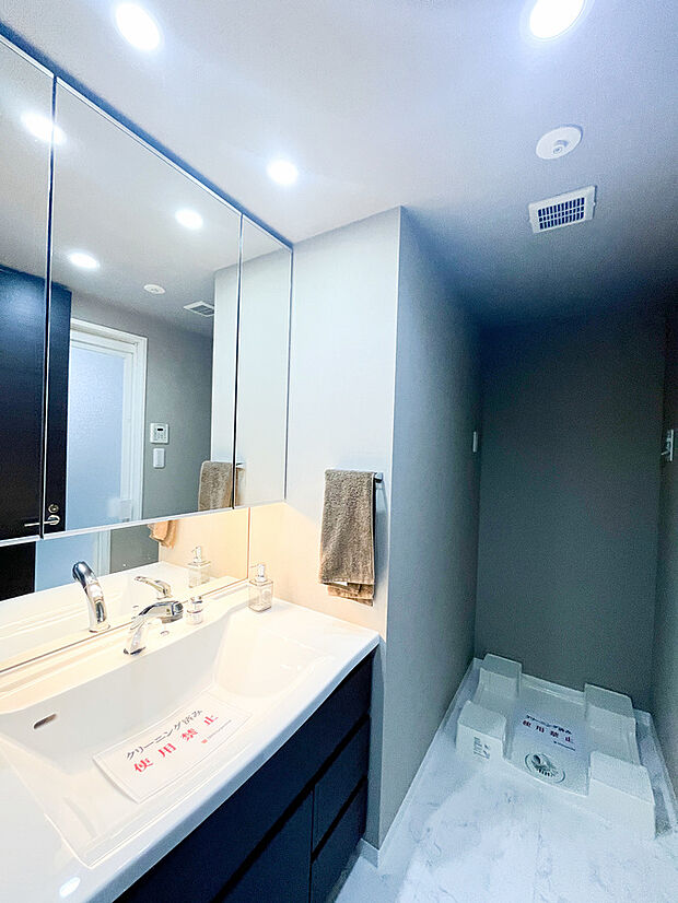 三面鏡付きのスタイリッシュなデザインの洗面化粧台