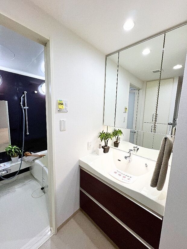 ■三面鏡付きのスタイリッシュなデザインの洗面化粧台　タオル等が収納できる収納スペースあり