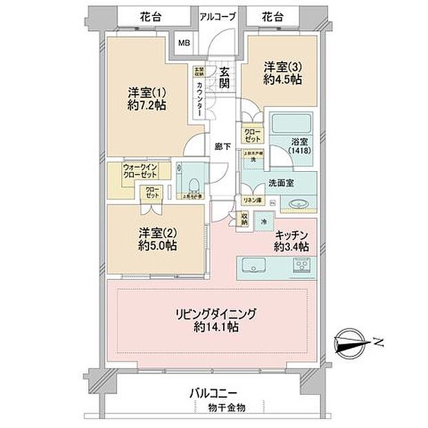 3LDK、9780万円、専有面積74.32m2、4階部分、東向き、2018年10月築。