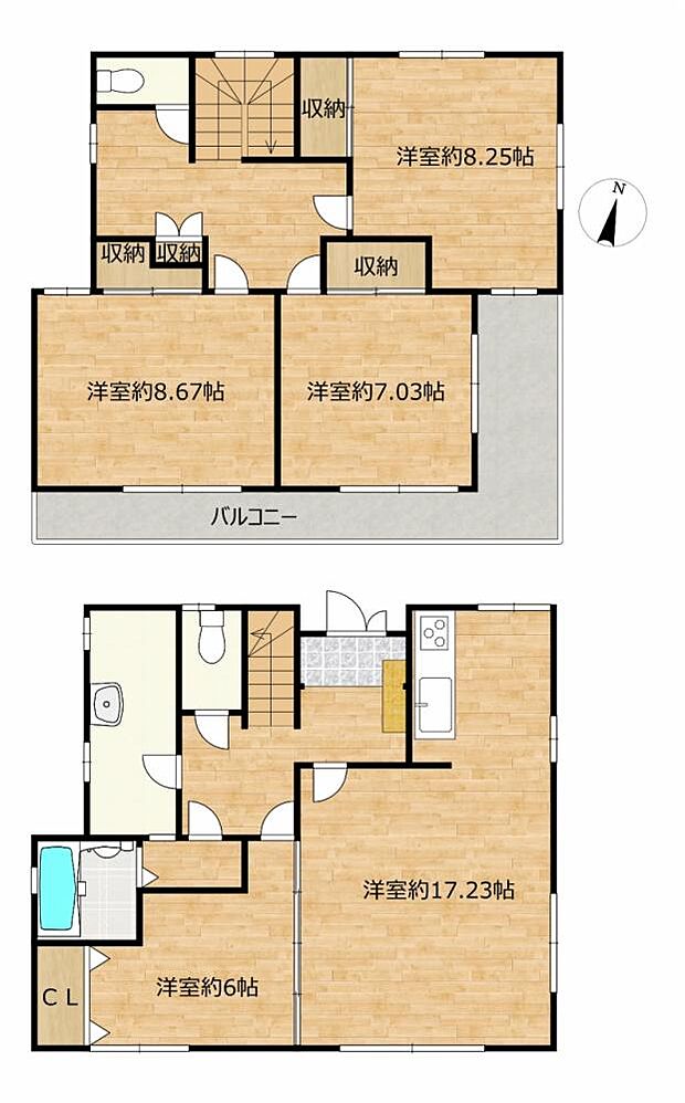 【リフォーム後間取図】4LDKのお家です。全室6帖以上あるのでゆったりと過ごせそうですね。浴室を1坪に拡張し、和室は洋室に変更いたしました。