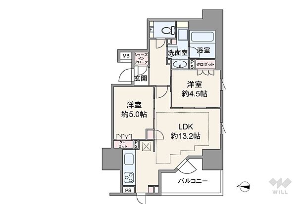 56.06平米の2LDK。個室2部屋はどちらもLDKから出入りする造りで、間仕切りを開放すればLDKとつなげて使うこともできます。キッチンは生活感が出にくく、料理に集中しやすい独立型。