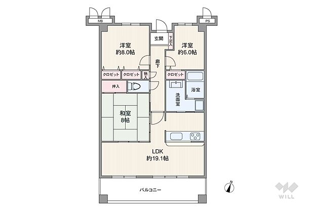 間取りは専有面積90.11平米の3LDK。LDK19.1帖・全個室6帖以上のゆとりあるプラン。LDKと和室が続き間で、襖を開放して繋げて使うことも出来ます。