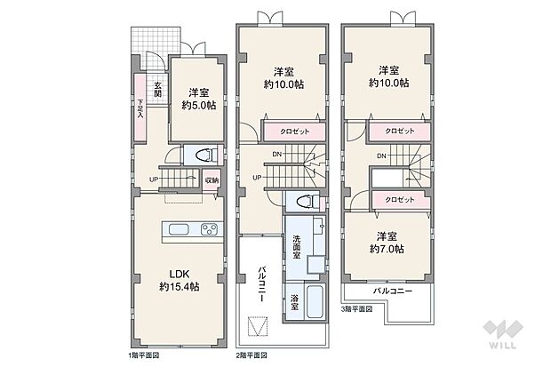 間取りは延床面積128.69平米の4LDK。全居室洋室仕様のプラン。個室4部屋のうち3部屋が7帖以上の広さを確保したゆとりある造りです。