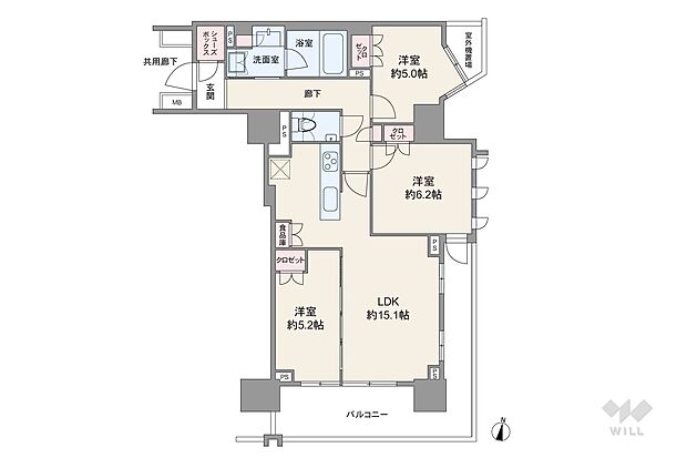 74.26平米の3LDKプラン。室内廊下がL字型の外から室内を見通しにくいプラン。バルコニーもL字型で面積は17.29平米です。LDKと洋室2部屋が2面採光です。