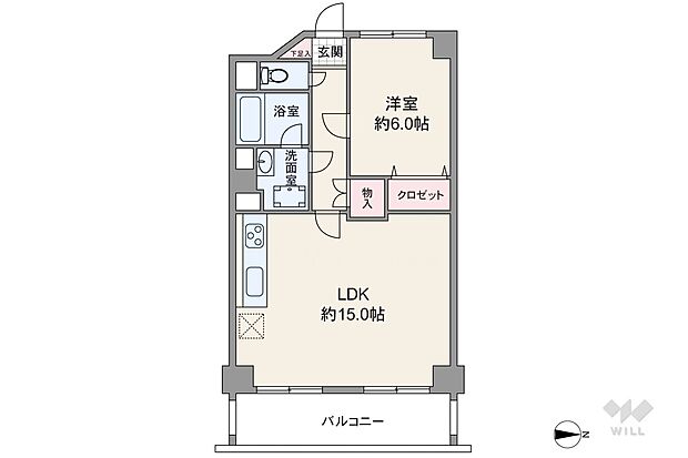 間取りは専有面積58.28平米の1LDK。全居室6帖以上でゆとりのあるプラン。廊下に物入れ付きです。