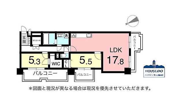2LDK、専有面積65.26m2、バルコニー面積18.01m2 全てのお部屋がバルコニーに面しています