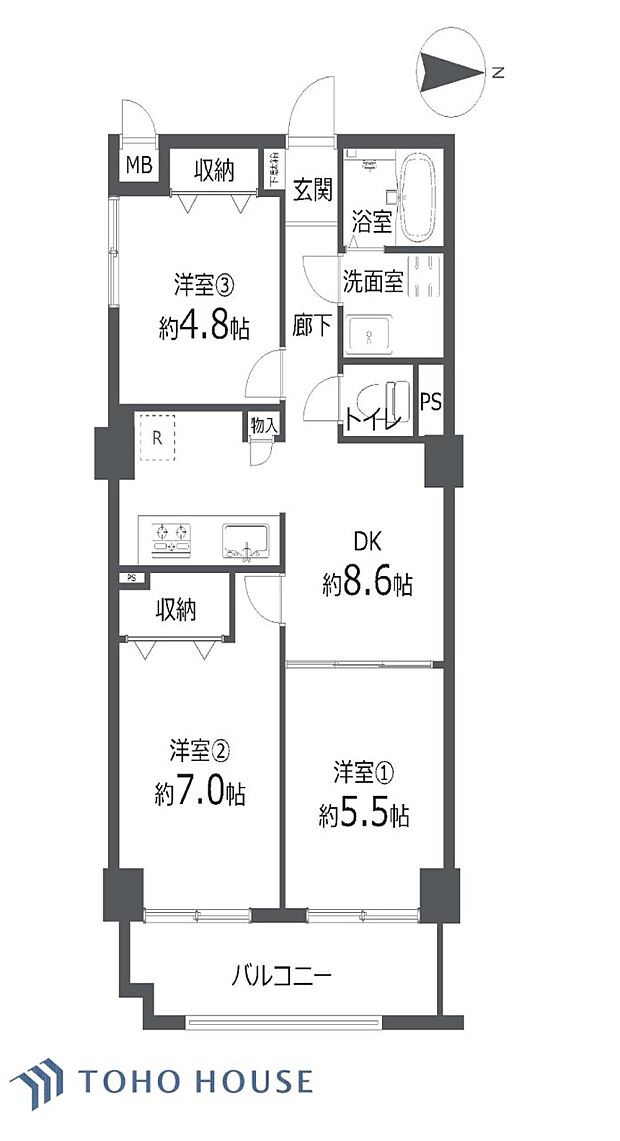 ライオンズマンション磯子丸山(3DK) 2階の間取り図