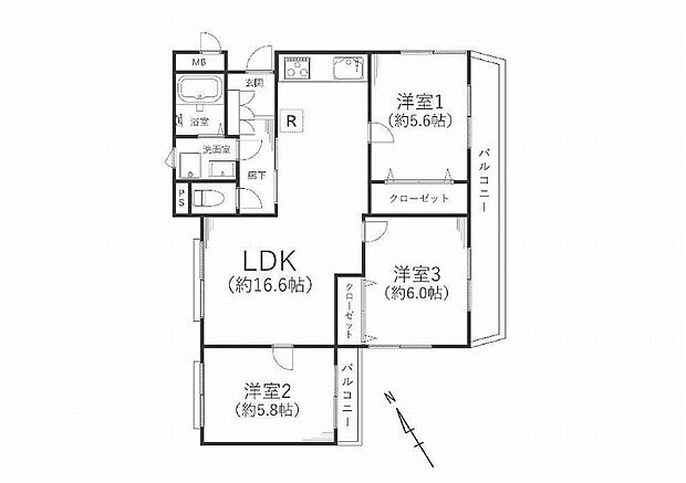 ライオンズマンション南太田(3LDK) 2階の間取り図