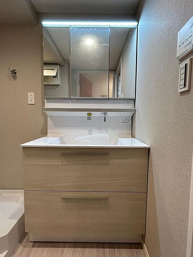 三面鏡・シャワー水栓機能付きの洗面台になります。三面鏡裏と洗面台下には豊富な収納が完備。