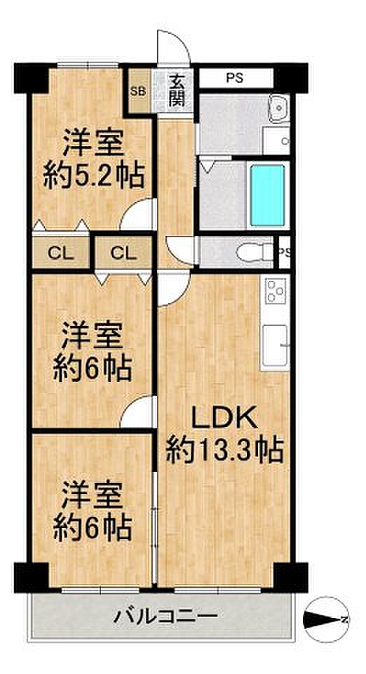 サンハイム第2中津(3LDK) 3階の間取り図