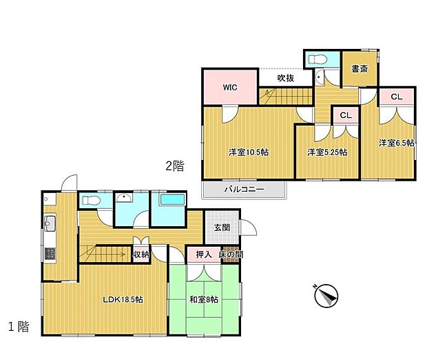 【間取り図】1階にリビング広々18帖と4部屋居室がある4LDKの住宅です。1階にリビングとは別に居室がある使い勝手のいい間取りですね。