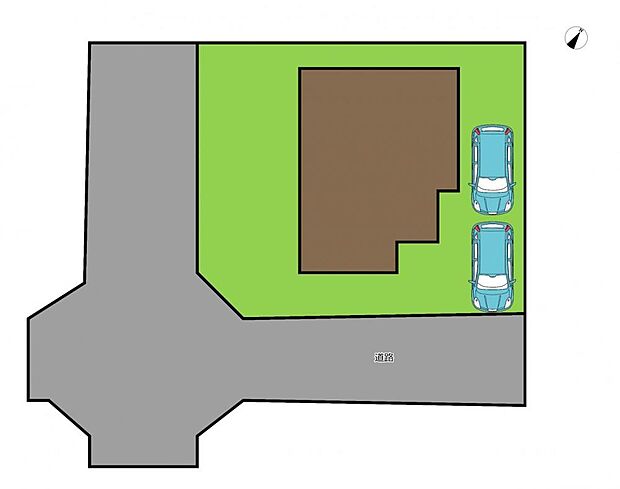 【区画図】南東角地にございます住宅ですので日当たりがよく嬉しいですね。駐車場は縦列で2台お停め可能です。この辺りはお車での生活が多いため2台駐車は嬉しいポイントです。