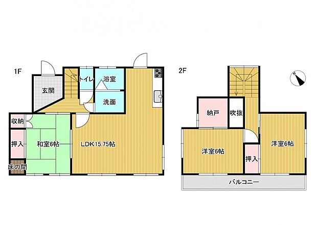【間取り図】1階にリビングとは別に和室が1部屋あり、2階に収納付のお部屋が2部屋ございます。ファミリー世帯の方にも使い勝手のいい間取りです。